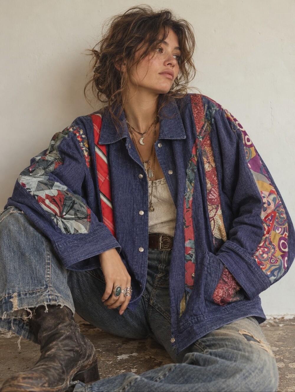 Vintage Handmade Boho Jean Jacket Size L-XL Oversized Fit Silk Tie Funky Artsy